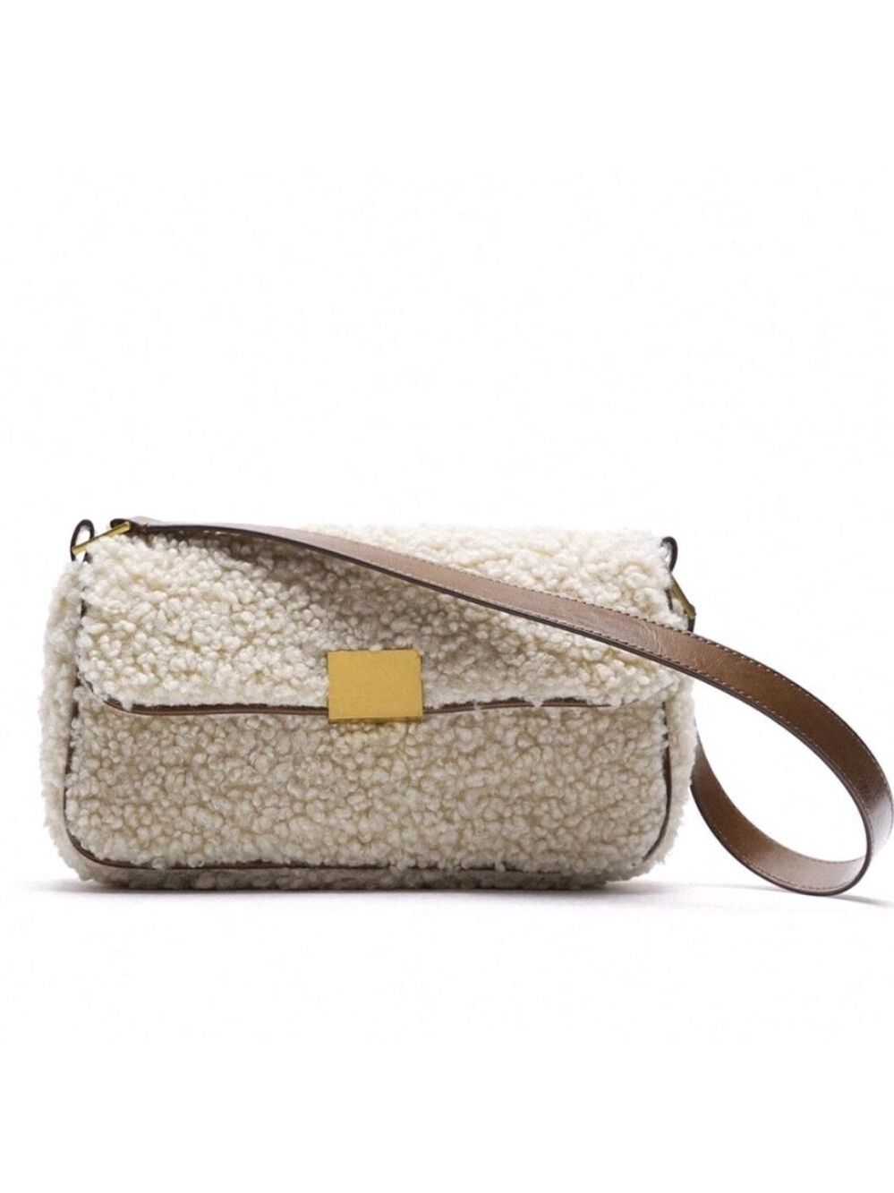 Zara • Baguette Flap Handbag Shearling Shoulder Bag - Cream & Brown & Goldtone